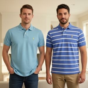 Polo Ralph Lauren Polo Shirts Lot Of 2 Sz Medium Teal & Blue Striped Casual Soft